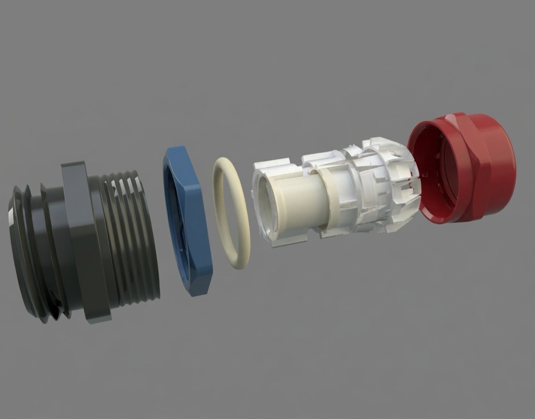 AI photoreal render generated from the cable-gland CAD