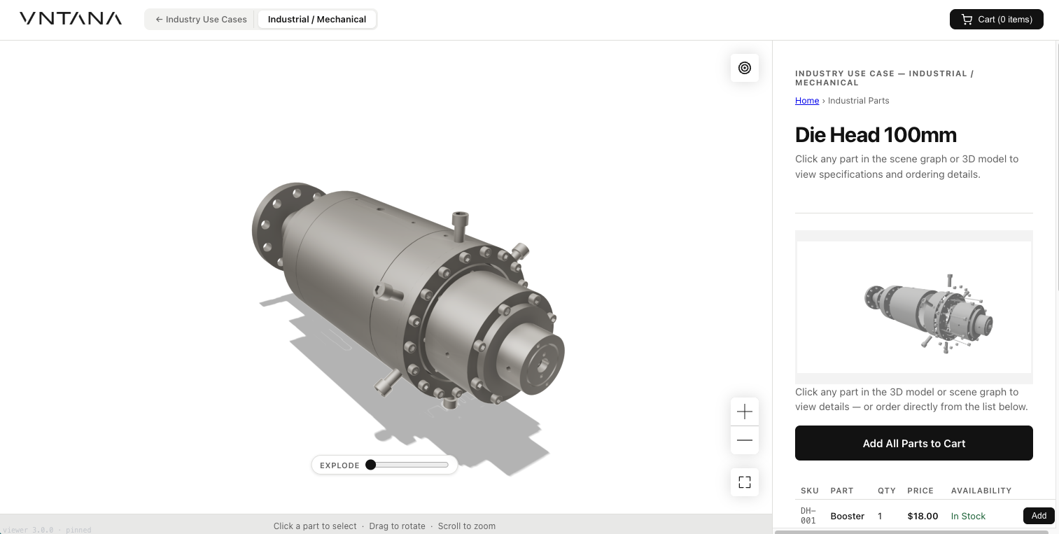 Clickable 3D parts catalogue: part render plus searchable SKU table